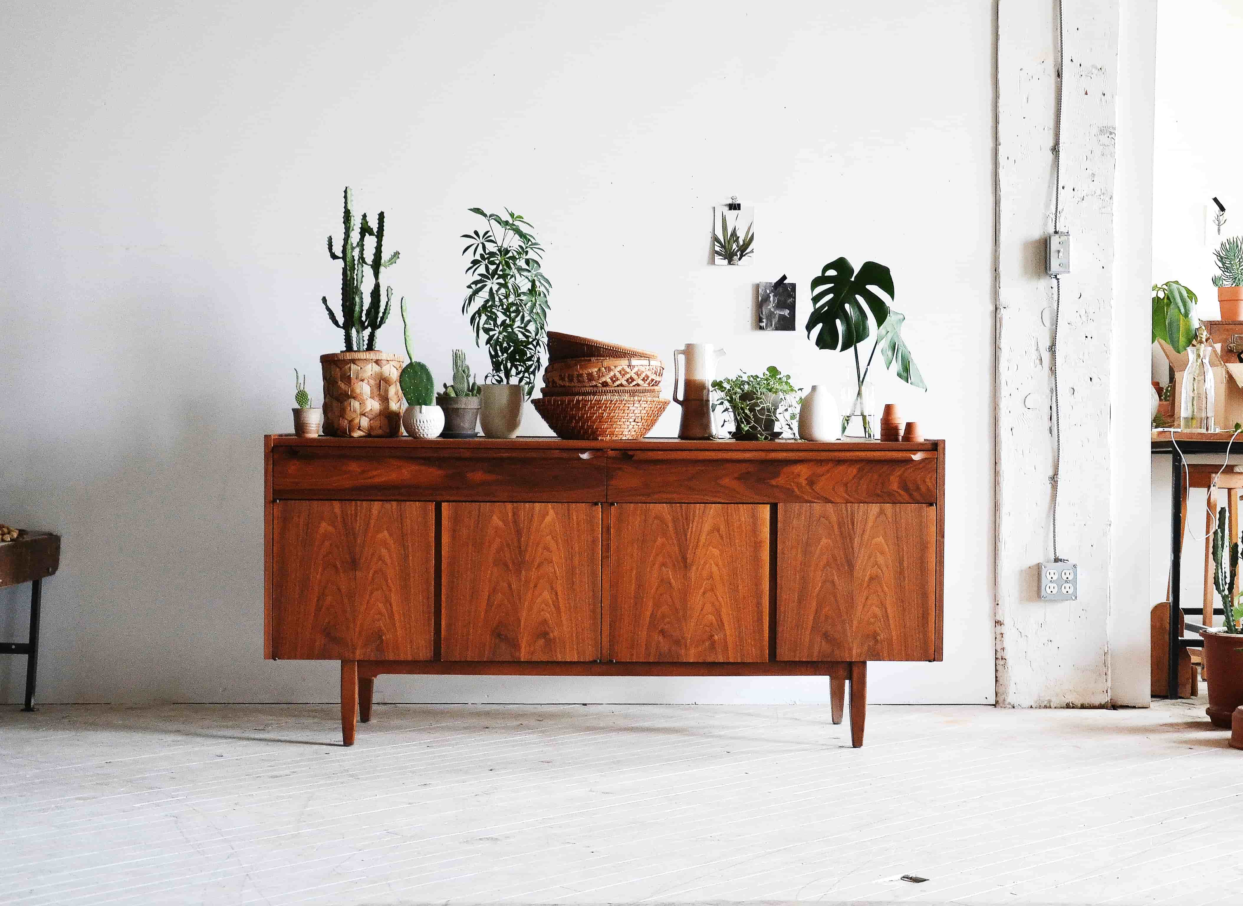 Mid Century restored credenza styled with homewares and plants