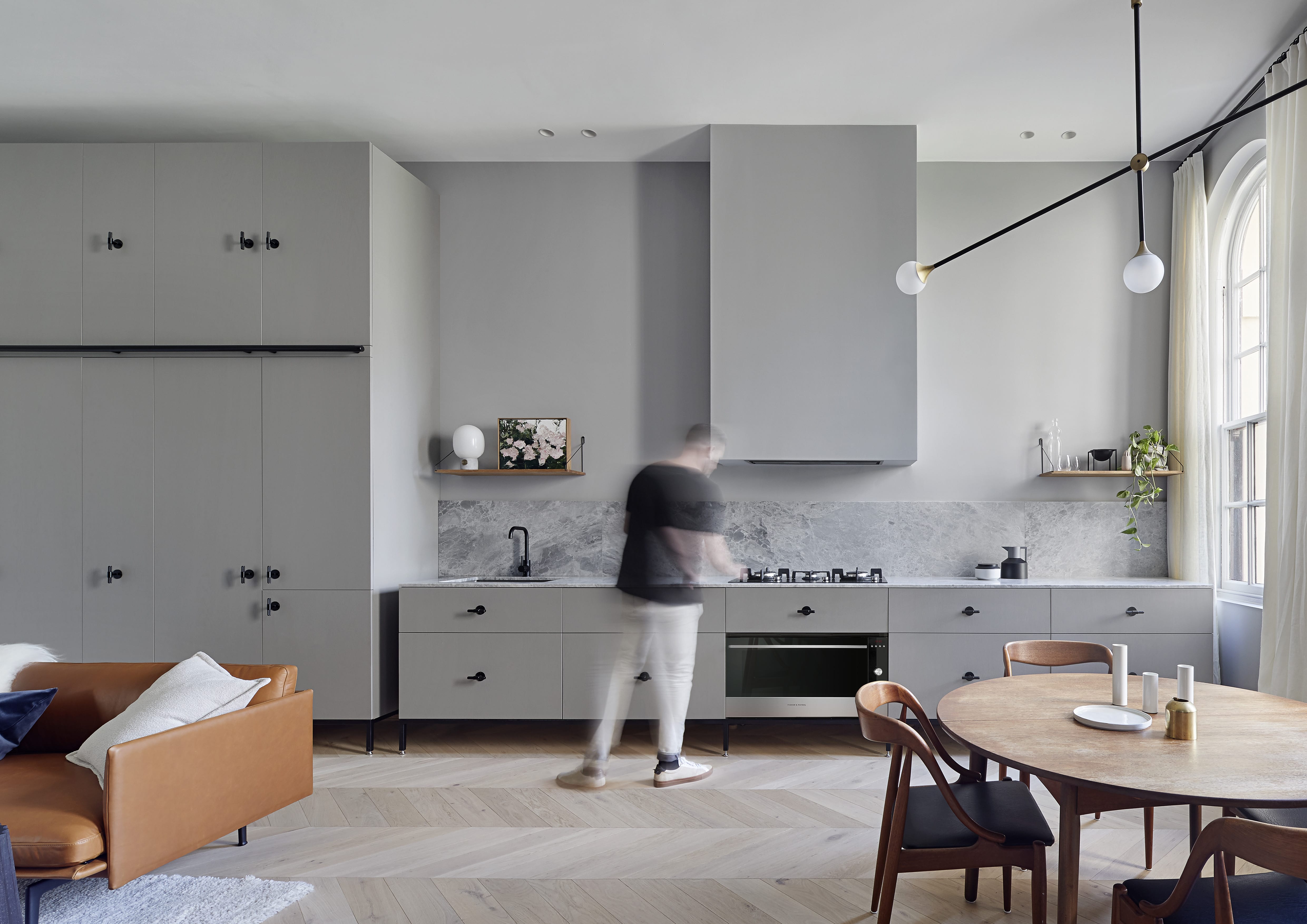 Kitchen of the Kew Apartment by Sarah Wolfendale - Integrated Fisher & Paykel Appliances