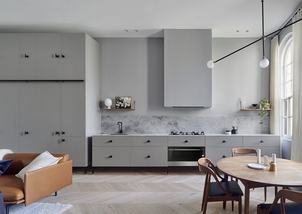 Kitchen of the Kew Apartment by Sarah Wolfendale - Integrated Fisher & Paykel Appliances