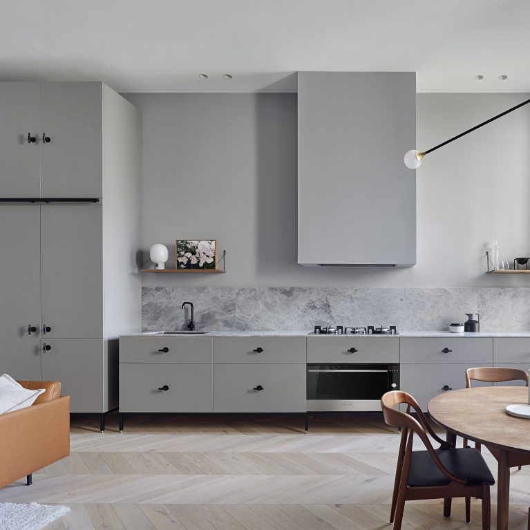 Kitchen of the Kew Apartment by Sarah Wolfendale - Integrated Fisher & Paykel Appliances