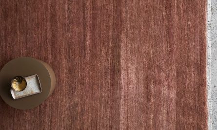 The Aubergine Rug Paired With An Autumnal Golden Brown Linen.